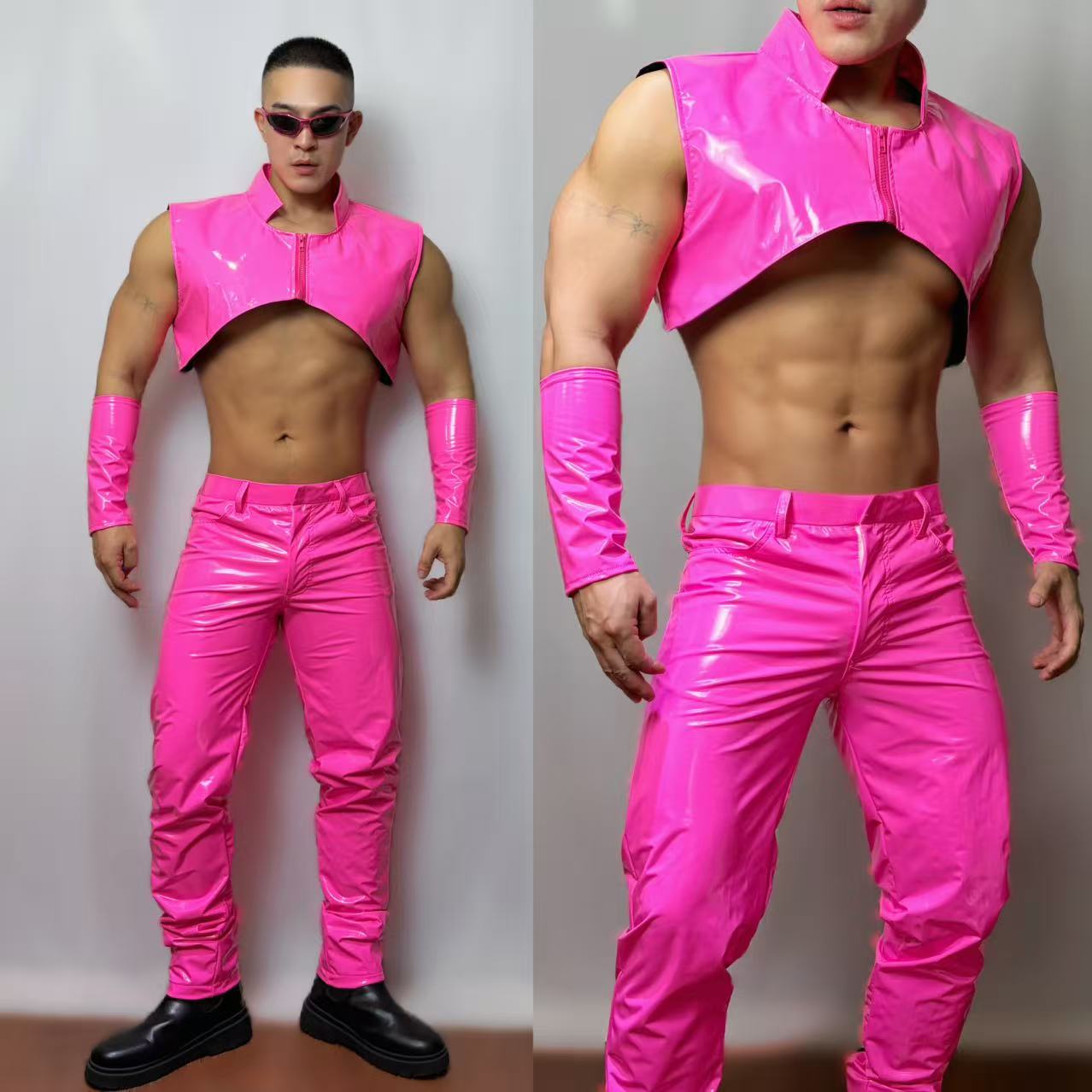 Board Game Yogi - Sexy fluorescerend roze lederen vestbroek mannelijk