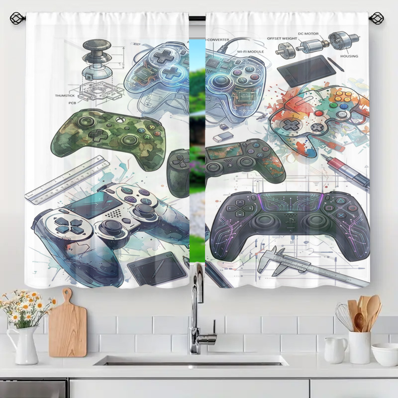 Board Game Cafe - Blauwdruk Gamecontroller Schematisch Gordijnpaneel Gamer Room